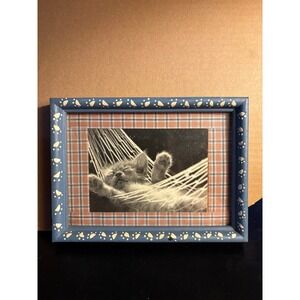 Vintage Black And White Print Of Kitten Cat Sleeping In A Tiny Hammock Framed